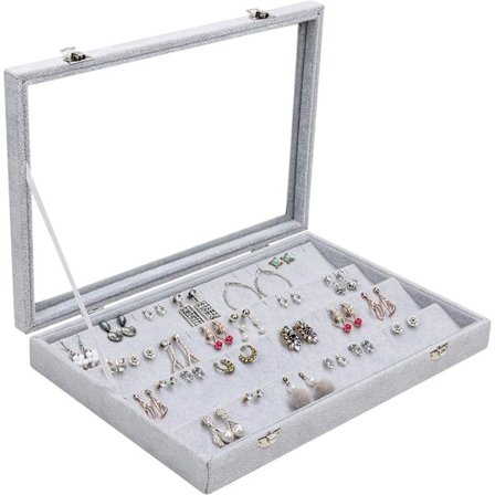 Øreringe Organizer Bakke Display Grå Velour med 50 Rum og Låg - 4-Lags Smykke Organizer Øreringe Display med Klart Glaslåg Ørestikker