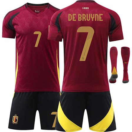 Belgian jalkapallomaajoukkueen EM-kisapaita 2024 nro 7 De Bruyne, jalkapallopaita 10 Lukaku 25 Doku, joukkuepaita, koko 7 sukka (24 jaardia, koko 7 