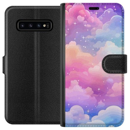 Kompatibelt Lommeboketui til Samsung Galaxy S10 Søt enhjørning med regnbuefarget hår mot en stjernebelagt pastellbakgrunn i kawaii-stil
