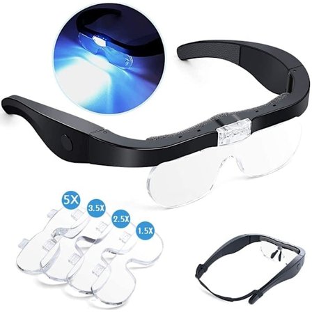 Hovedforstørrelsesglas med 2 LED-lys, håndfri USB-genopladelige LED-forstørrelsesglas til hobbyer, læsning, håndværk, 4 udskiftelige linser