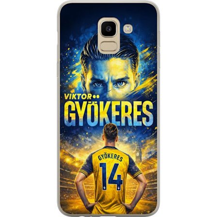 Kompatibelt Mobildeksel til Samsung Samsung Galaxy J6 Viktor Gyökeres fotballplakat i gult og blått med dramatisk stadionbakgrunn, sportillustrasjon