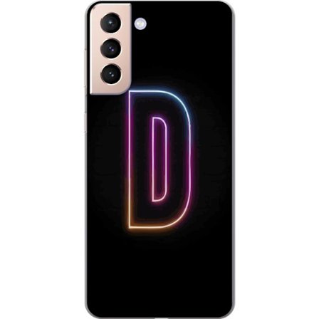 Kompatibel Mobilcover til Samsung Samsung Galaxy S21 Minimalistisk neonbogstav D i farveskiftende lys mod sort baggrund i moderne digital design