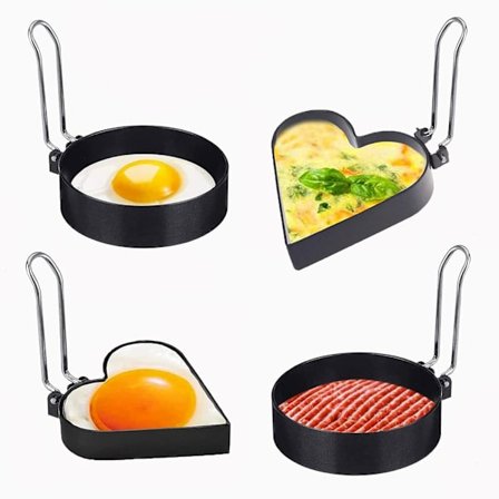 4 stk. stegte ægforme, runde omeletforme, stegte ægforme med håndtag, runde og hjerteformede omeletforme, til bagning af æg og æggemuffins,