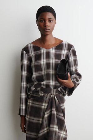 COS Damen Kariertes Oberteil Mit V-Ausschnitt - Rot