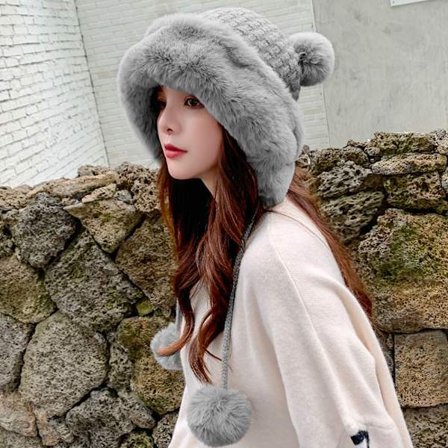 Faux Fur Beanies Hat Neulottu Cap GREY