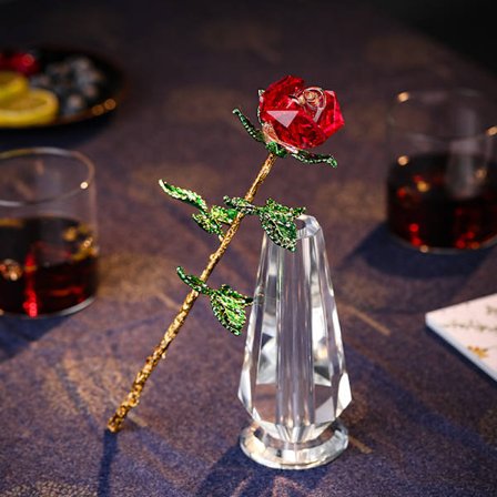 Kristallros i Glas Röd Rosblomma med Gröna Blad Kristall
