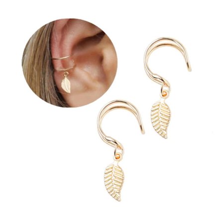 2-pack Fake Helix Piercing Ear Earring Ear Cuff Med Feather Gold