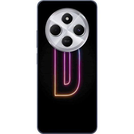 Kompatibel Mobilcover til Xiaomi Xiaomi Redmi 14C Minimalistisk neonbogstav D i farveskiftende lys mod sort baggrund i moderne digital design