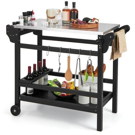 COSTWAY Chariot til Plancha 105 x 54 x 85 cm - Bord i Rustfrit Stål - Krydderskuffe - Flaskeholder - 2 Glatte Hjul