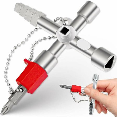 4-veis nøkkel, 4-veis multifunksjonsnøkkel, universell kryssnøkkel for vann- og strømmålere, radiatorer, gassmålere, heiser (sølv)