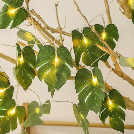 20 LED Monstera Blad Ljusslinga, Tropiska Konstgjorda Rottingpalmblad, Vinblad Väggdekoration, Sommardekoration för Utomhus, Inomhus, Hawaiiansk, L
