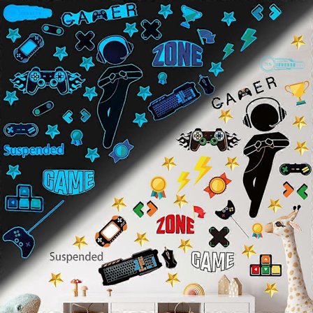 Gamer Rom Dekor Spillvegg Dekaler Klistremerke - Blå fluorescens - Gutterom Dekaler Videospill Dekor Spis Sov Spill Veggdekor for Gamer Soverom 