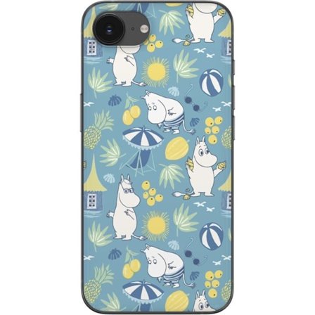 Kompatibelt Mobildeksel til Apple iPhone 16e Strandtema med frukt, parasoller, sommerhus og glade figurer i et fargerikt mønster fylt med lekne detalj