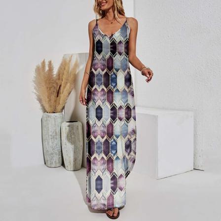 Dam V-hals Spaghetti Strap Diamond Print Sundress Maxiklänningar