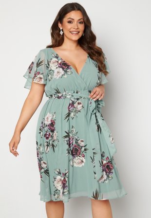 Goddiva Curve Floral Flutter Sleeve Midi Curve Dress Duck Egg Klær