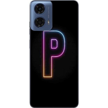 Kompatibel Mobilcover til Motorola Motorola Moto G04 Minimalistisk neonbogstav P i farvegradient og lyseffekt mod sort baggrund i digital neonstil