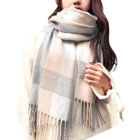 Varmt vintertørklæde til kvinder 200x60cm ternet hvidt gråt langt tørklæde