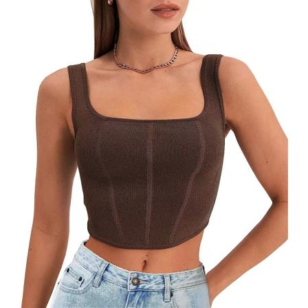 Kvinnors 2023 Sommar Sexig Korsett Topp Ribbad Fyrkantig Hals Coffee M