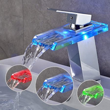 Håndvaskhane med RGB LED vandfald badeværelsesarmatur med 3 farveændringer krom messing glas vandfaldshane til badeværelse