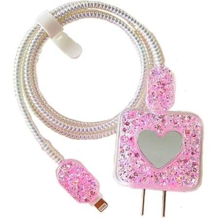 Glitterkabelskydd för iPhone-laddare Dekoration med söt kärlekshjärta-spegeldesign, Lyxig glänsande mjuk datakabel USB-trådskydd Laddare Sladd
