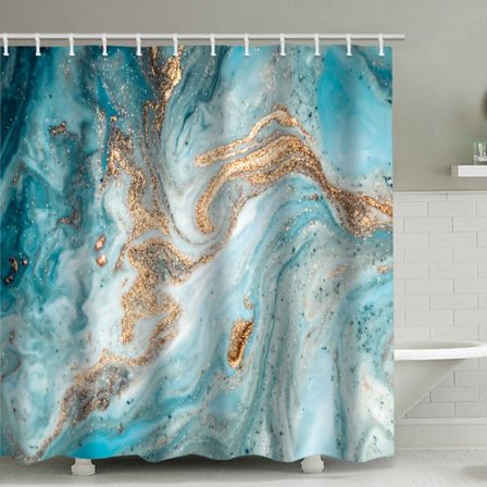 Blå Guld Texturerad Duschdraperi, med 12 Plastkrokar