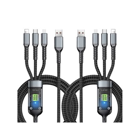 2kpl Led 3 in 1 -laturi tyypin C, Micro Usb:n ja Ip-portin kanssa iPhone Samsung Huawei Xiaomi -puhelimille, 100 W, 1,2 m