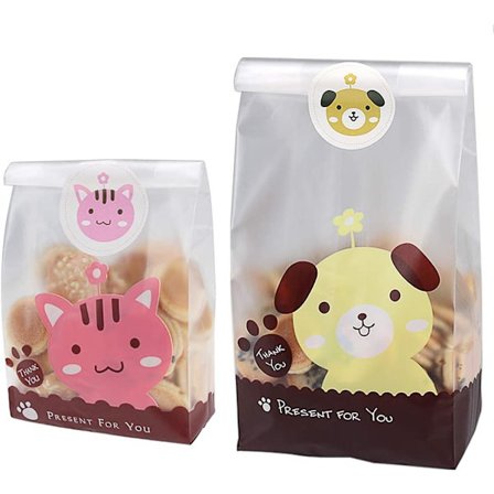 100 stk. gennemsigtige genlukkelige kageposer og 109 søde hunde-klistermærker