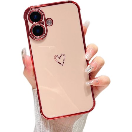 Designet til iPhone 16 Cover 6,3 tommer, Sødt Belægning Kant Kærlighedshjerter Mønster med Kameralinse Beskyttelse Telefon Cover til Piger Kvinder, 