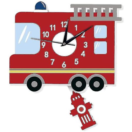 Lasten seinäkellot, 3D-aiheinen seinäkoriste sarjakuvatyylinen hiljainen kello koristeltu lastenhuone olohuone (paloauto)