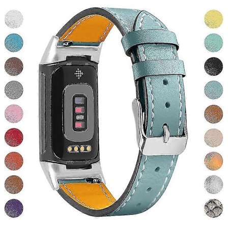 Premium Äkta Läder Justerbart Armband för Fitbit Charge 6/5 - Perfekt Ljusblå