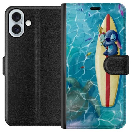 Yhteensopiva Lompakkokotelo Apple iPhone 16 Plus Rentouttava kuvitus Stitchistä levähtämässä selkälaudalla selkeässä turkoosissa vedessä