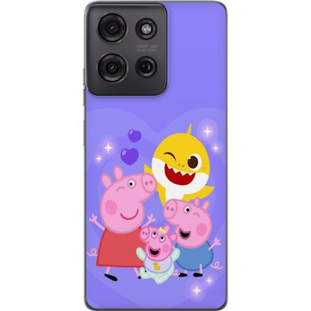 Kompatibel Mobilcover til Motorola Moto G75 Peppa Gris mønster med hjerter, sommerfugle og venner, lyserød baggrund i bløde børneillustrationer