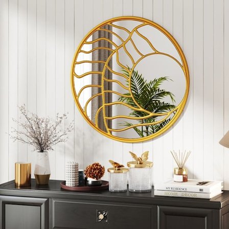 Rundt Guld Væg Spejl på 80 cm COSTWAY, Uregelmæssig Ramme, Moderne Vægdekor til Stue, Gang, Værelse, Spisestue