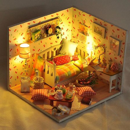 Nukkekodin pienoismalli huonekaluilla, käsintehty puinen koottu joululahja (Tw12 englanti)