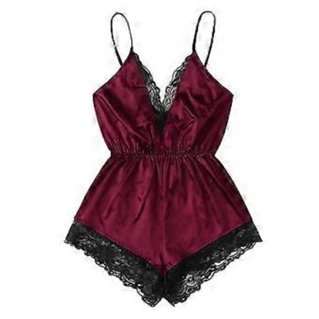 Kvinnors sexiga pyjamas V-ringad axelbandslös body i fuskatin med spetsdetaljer och vida ben, nattkläder (XL vinröd)