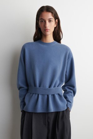 COS Women's Belt Detail Merino Wool Jumper in Blue