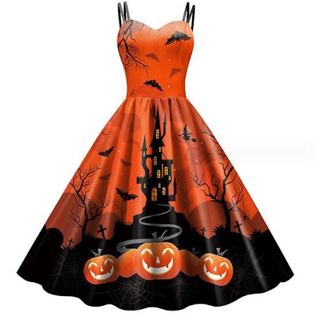 Halloween kjole til kvinder Vintage printede kjoler Ærmeløs Sexet cocktailkjole A Line Cosplay festkostume