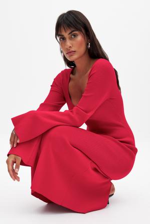 NA-KD Fine Knitted Trumpet Sleeve Midi Dress - Höstklänningar - Röd - XL (EU 46)