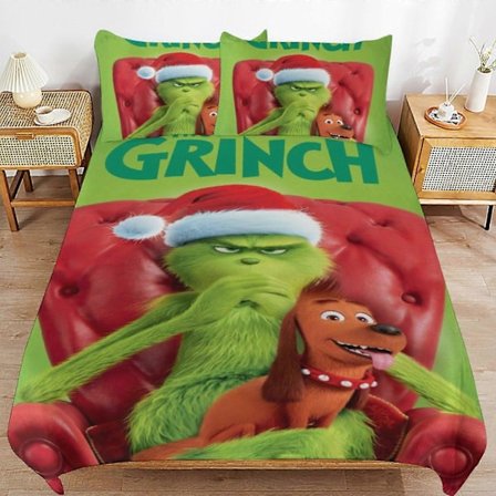 Grinch Sengesæt Dynebetræk Komfortabelt og Let Tegneserie Sengetøj 3 Dele Sengesæt Twin (1 Dynebetræk og 2 Pudebetræk) hn559