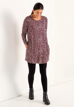 Cellbes of Sweden - Mönstrad trikåtunika med fickor - vinröd/beige/mönstrad - för damer - 38/40