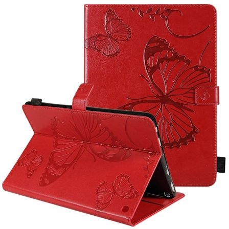 Amazon Fire HD (2021) läderfodral med fjärilsmönster - Röd