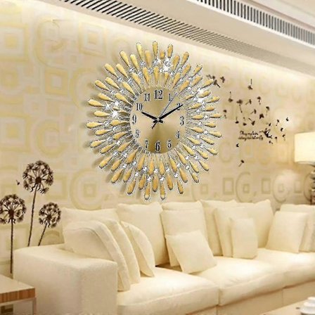 Seinäkellot Kulta 3D Suuri Diamante Helmillä Koristeltu Kristallikello