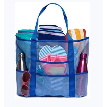 Mesh Strandtaske, Picnic Taske, Foldbar Strandtaske - Foldbar Taske til Familien med 6 Mesh Lommer