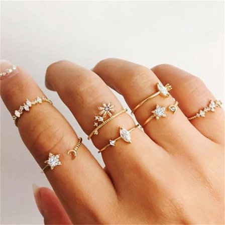 10 st Ringar Set Hotsäljande Metall Ihålig Rund Öppning Kvinnor Kedja Fingerringar Boho Star Moon Ring Mode Smycken Festpresenter