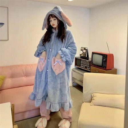 Vinter-pysjamassett med Kawaii Sanrio-animasjon Kuromi Cinnamoroll My Melody ansiktsklut, myk, varm og komfortabel