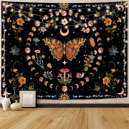 (130 cm x 150 cm) Aipon Orange Fjäril Månblomma Tapestry Botanisk Blommig Växt Boho Tapestry för Sovrum Estetisk Vintage Tapestry Väggbonad