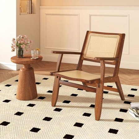 COSTWAY Accent stol i Boho Rattan - Ryglæn inclineret til 105° - Læse stol til stue og soveværelse, Valnød