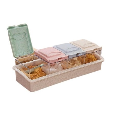 Gjennomsiktig krydderboks med lokk og skje, fire roms krydder