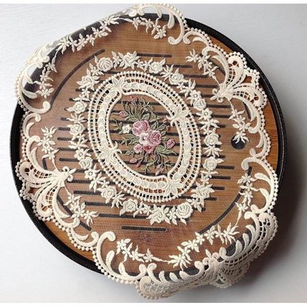 4-delt vintage blondematte, fransk heklevedheng, håndbroderi