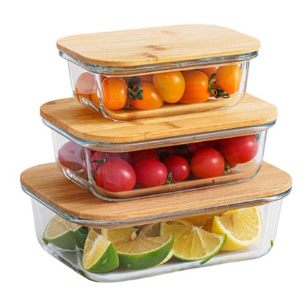 Matlaging Glass Matbeholdere med Lufttette Bambuslokk, Sett med 3, Miljøvennlig, Allsidige Størrelser, Bevaring av Friskhet